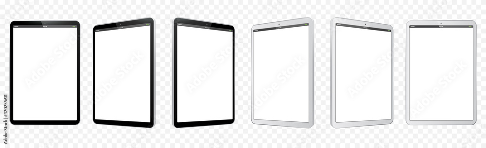 Poster black and white tablet computer vector illustration mockup. perspective view of tablet pc with blank