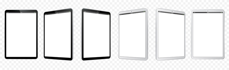 Fototapeta na wymiar Black and White Tablet Computer Vector Illustration Mockup. Perspective view of Tablet PC With blank screen and transparent background. 