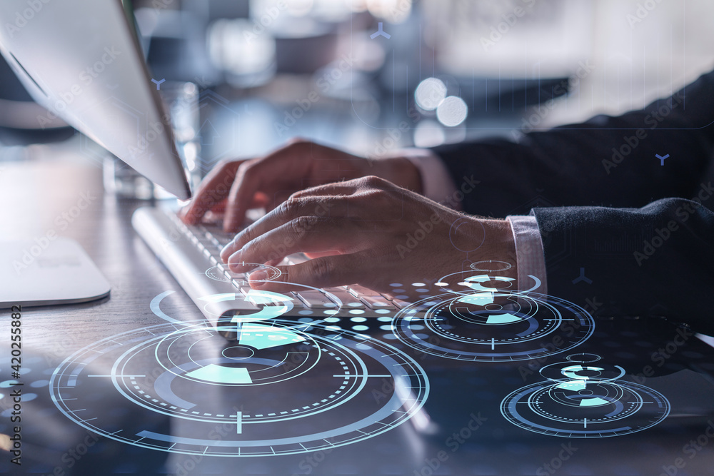 Poster hands typing the keyboard to create innovative software to change the world and provide a completely
