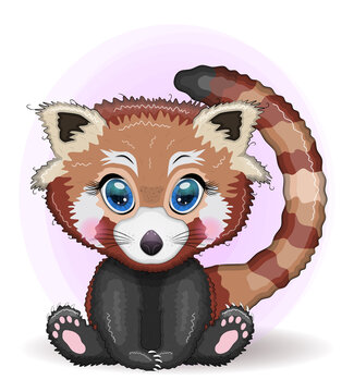 Red panda, cute character with beautiful eyes, bright childish style. Rare animals, red book, cat, bear