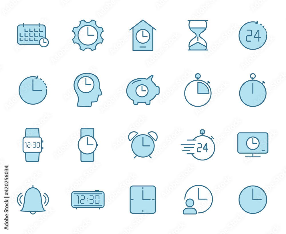 Poster time and clock flat vector icons in two colors isolated on white background. time and clock blue ico
