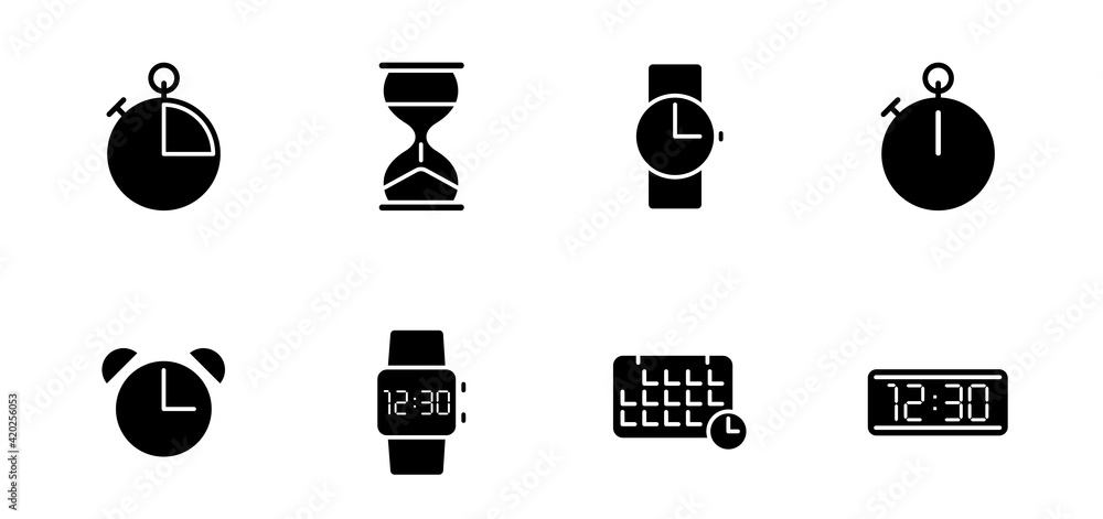 Poster time and clock silhouette vector icons isolated on white. time and clock icon set for web, mobile ap