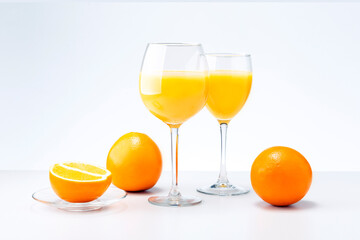 Two glasses of orange juice and fruits on light grey background. Healthy food and drink concept.