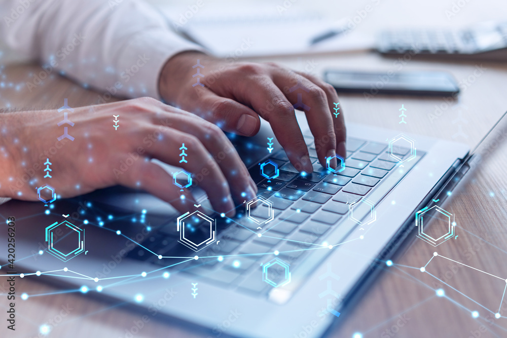 Poster hands typing the keyboard to create innovative software to change the world and provide a completely