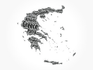 List of cities and towns in Greece, map word cloud collage, business and travel concept background
