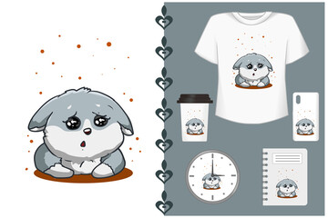 Mockup cute gray dog cartoon illustration