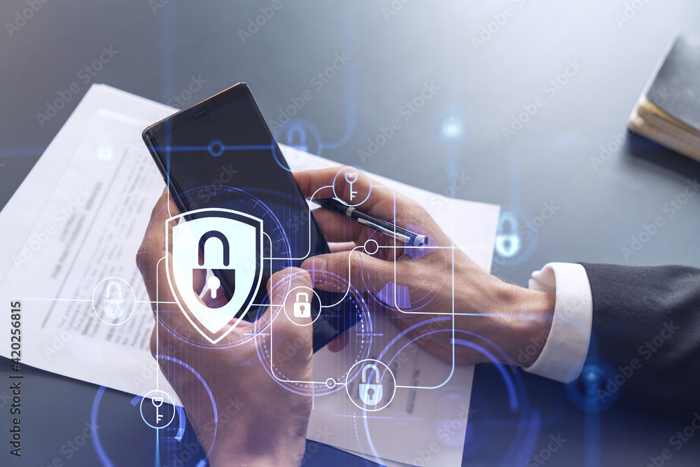 Poster a businessman in formal wear reading the contract to prevent probability of risks in cyber security 