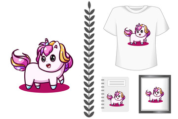 Mockup cute baby unicorn cartoon illustration