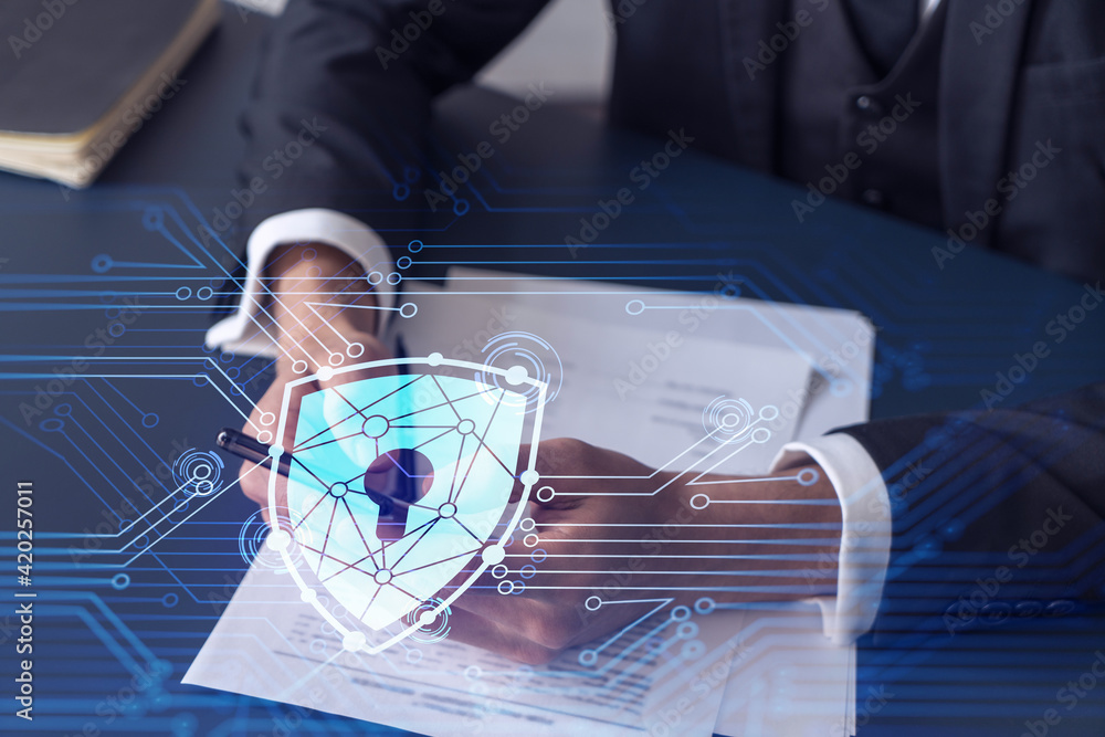 Poster a businessman in formal wear reading the contract to prevent probability of risks in cyber security 