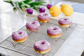 Colorful dessert purple donuts Spring Easter