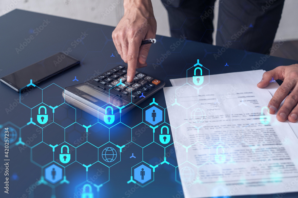Poster a businessman computing probability of risks in cyber security protection using calculator. padlock 