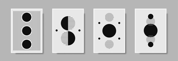 Abstract geometric mid century wall art print set. Black and white poster with geometric shapes for wall art, interior gallery. Artwork for wall decor with neutral colors,minimal. Vector illustration