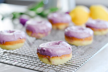 Colorful dessert purple donuts Spring Easter