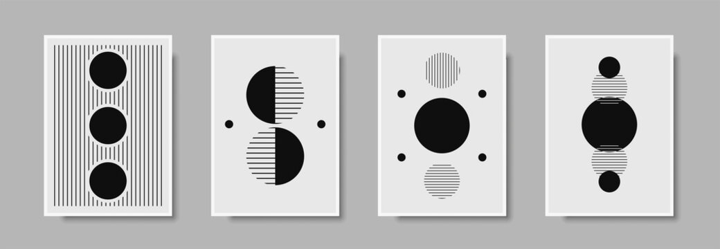 Abstract geometric mid century wall art print set. Black and white poster with geometric shapes for wall art, interior gallery. Artwork for wall decor with neutral colors,minimal. Vector illustration