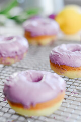 Colorful dessert purple donuts Spring Easter