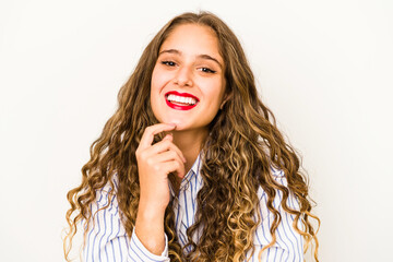 Young curly cute caucasian woman closeup face