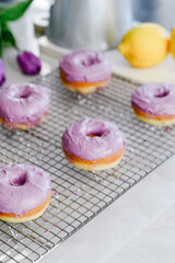 Colorful dessert purple donuts Spring Easter