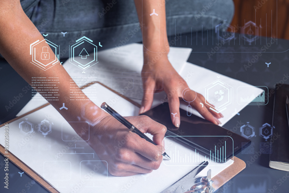 Poster a businesswoman in casual wear writing down some ideas using phone to create innovative software to 