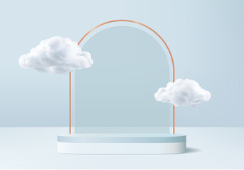 cloud 3d display product abstract minimal scene with cloud podium platform. cylinder background vector 3d rendering with podium. stand for cosmetic products. Stage showcase on pedestal 3d blue studio
