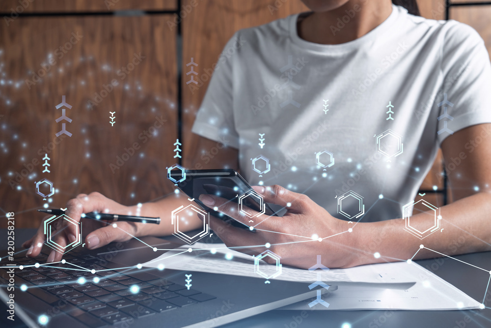 Poster woman hands typing the keyboard to create innovative software to change the world and provide a comp