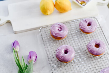 Colorful dessert purple donuts Spring Easter