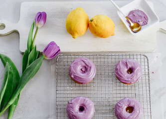 Colorful dessert purple donuts Spring Easter