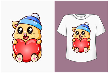 Mockup cute cat with love cartoon illustration