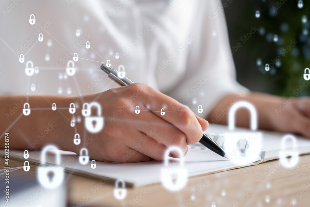 Poster businesswoman is taking notes of clients needs to protect cyber security from hacker attacks and sav