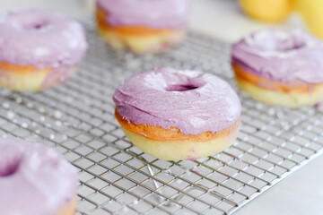 Colorful dessert purple donuts Spring Easter