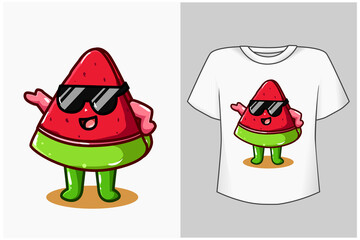 Mockup little cool watermelon cartoon illustration