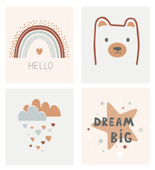 Kids Scandinavian poster set. Cartoon star, little bear head, hearts cloud, and cartoon rainbow with Hello phrase. Cards in Nordic style. Hand drawn vector illustration, design element for interior
