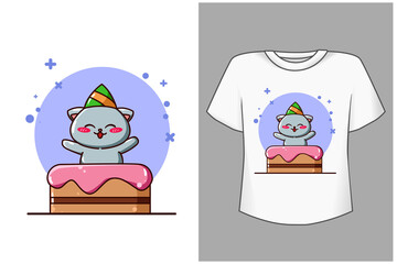 Mockup cute cat with cake cartoon illustration