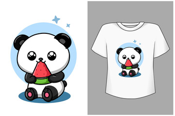 Mockup cute panda with watermelon cartoon illustration
