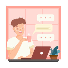 Working at home, freelancer work on laptop.  Man drinking cup of coffee at house. Online carrier, distance work, online learning and coworking space concept. Flat illustration Vector.