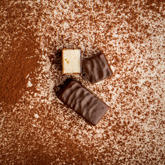 Marshmallow chocolate candy. Top view