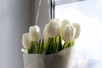 a bunch of white natural tulips