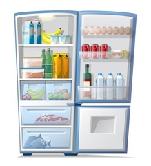 Vector cartoon style fridge with food inside: frozen meat and fish, bottles of water and juice, eggs etc. Isolated on white background.