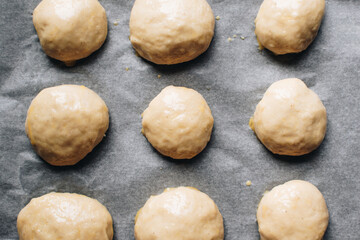 Fototapeta na wymiar Dough for buns before baking.