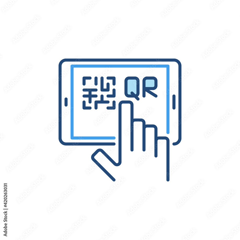 Poster tablet with qr code and hand vector concept colored icon