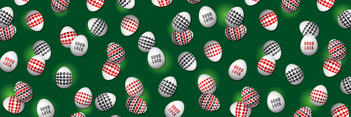 Green Easter greetings banner with red and black gambling symbols over white eggs, vector illustration.Suitable for invitations, greeting cards, flyers, banners.