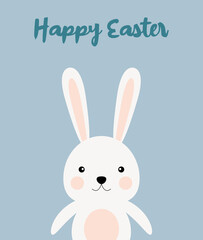 Vector illustration of Happy Easter holiday with a white rabbit below and an inscription on top. International holiday design with typography for greeting card, party invitation or vertica
