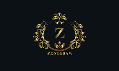 Exquisite bronze monogram on a dark background with the letter Z. Stylish logo is identical for a restaurant, hotel, heraldry, jewelry, labels, invitations.