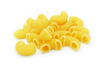 Pile of raw elbow Macaroni (Gomiti Pasta) Isolated on white background, Cut out with clipping path