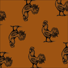 engraved line drawing roosters on linen fabrics. rooster design for textile printing, logo, wallpaper 