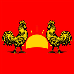 engraved line drawing roosters on linen fabrics. rooster design for textile printing, logo, wallpaper 