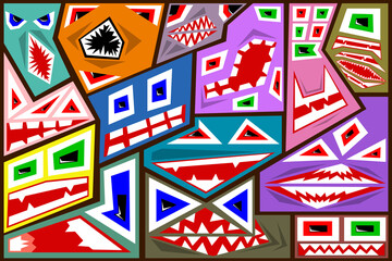 A set of color angular images of monsters on a dark background, an illustration for wallpaper on the wall and other purposes.