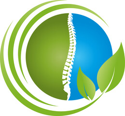 Wirbelsäule und Blätter, Rücken, Orthopädie und Massage Logo