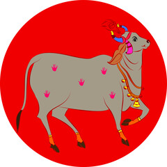 Holy cow in Kalamkari Indian traditional folk art on linen fabrics. It can be used for a coloring book, textile/ fabric prints, phone case, greeting card. logo, calendar