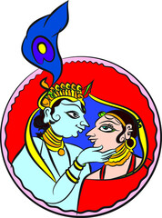 Naklejka premium Lord Krishna and Radha, Indian God of love. with his lover in Madhuni painting style on wall, Jaipur, Rajasthan