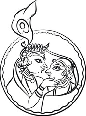 Lord Krishna and Radha, Indian God of love. with his lover in Madhuni painting style on wall, Jaipur, Rajasthan